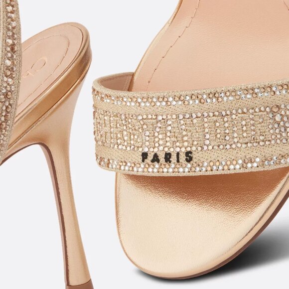 Dior Dway Heeled Sandal Gold-Tone Cotton Embroidered with Metallic Thread - Picture 15 of 15
